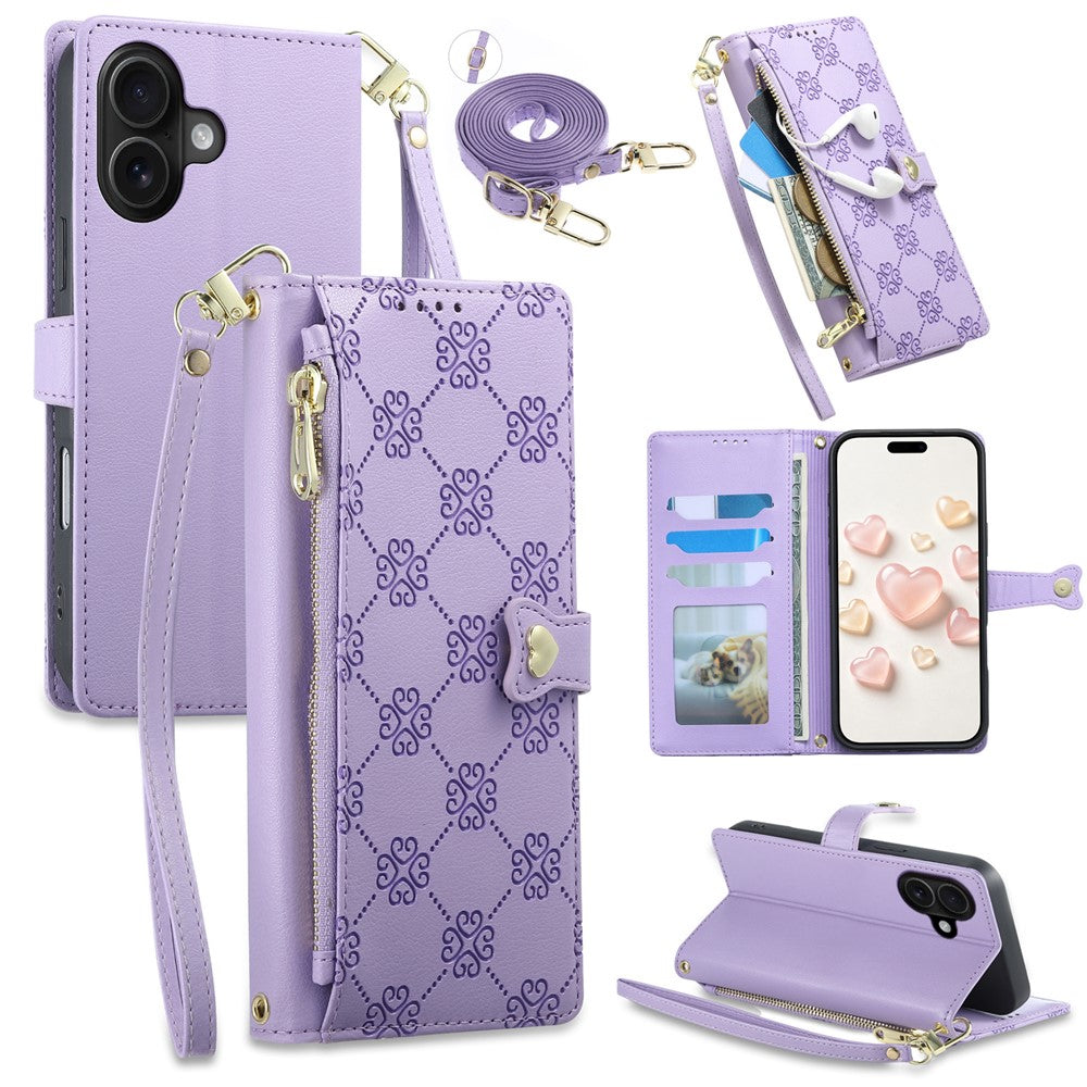 For iPhone 16 Leather Case Hearts Imprint Zipper Pocket Wallet Phone Cover with Short and Long Straps