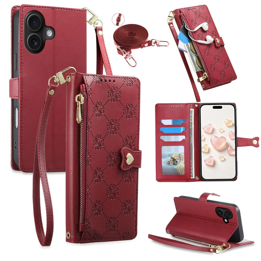 For iPhone 16 Leather Case Hearts Imprint Zipper Pocket Wallet Phone Cover with Short and Long Straps