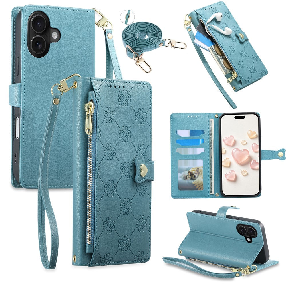 For iPhone 16 Leather Case Hearts Imprint Zipper Pocket Wallet Phone Cover with Short and Long Straps