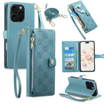 Til iPhone 16 Pro Læderetui Hjerteraftryk Lynlåslomme Pung Telefoncover med korte og lange remme
