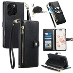For iPhone 16 Pro Max Leather Case Hearts Imprint Zipper Pocket Wallet Phone Cover with Short and Long Straps