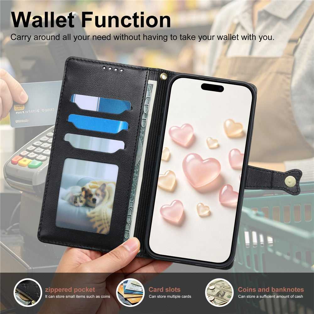 For iPhone 16 Pro Max Leather Case Hearts Imprint Zipper Pocket Wallet Phone Cover with Short and Long Straps