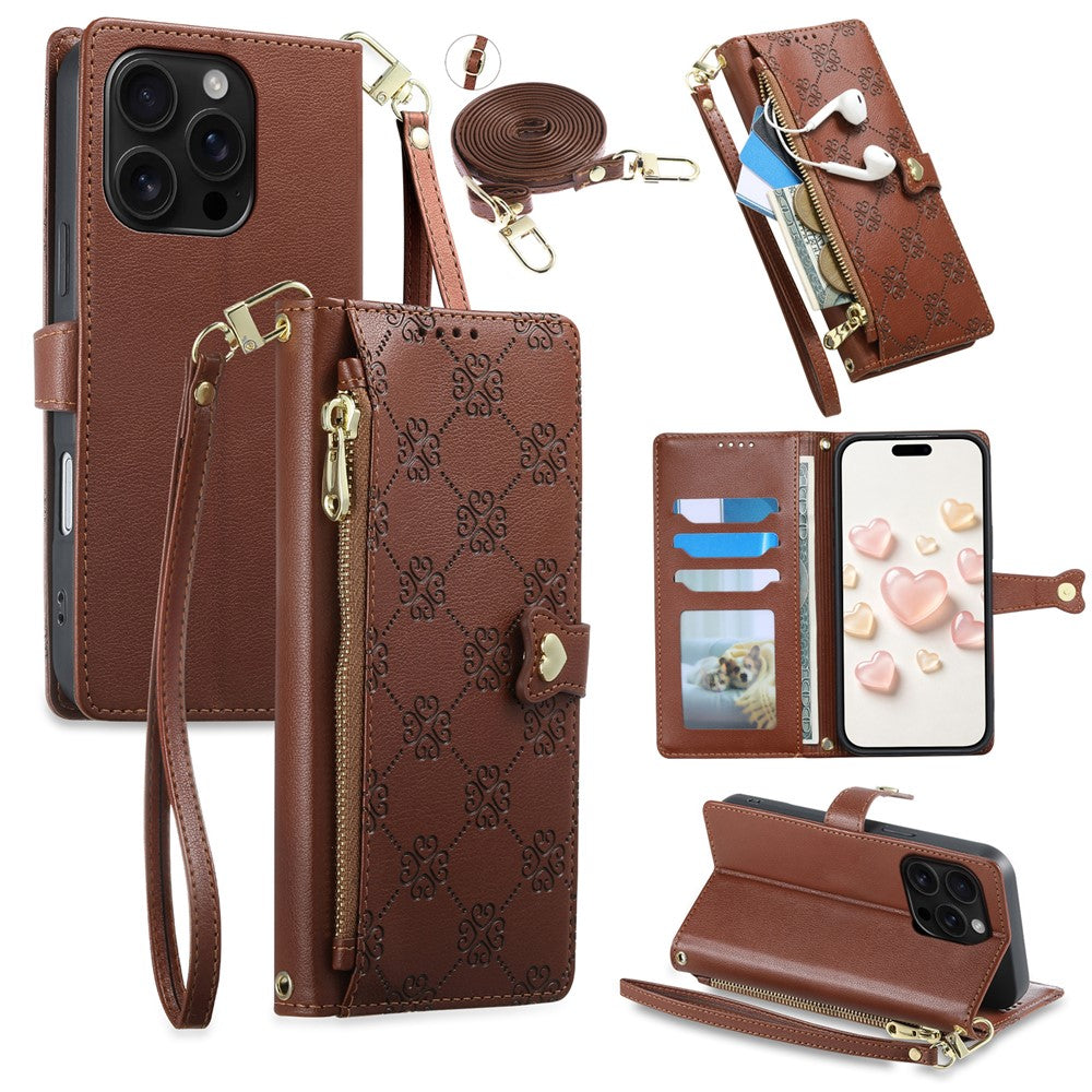 For iPhone 16 Pro Max Leather Case Hearts Imprint Zipper Pocket Wallet Phone Cover with Short and Long Straps