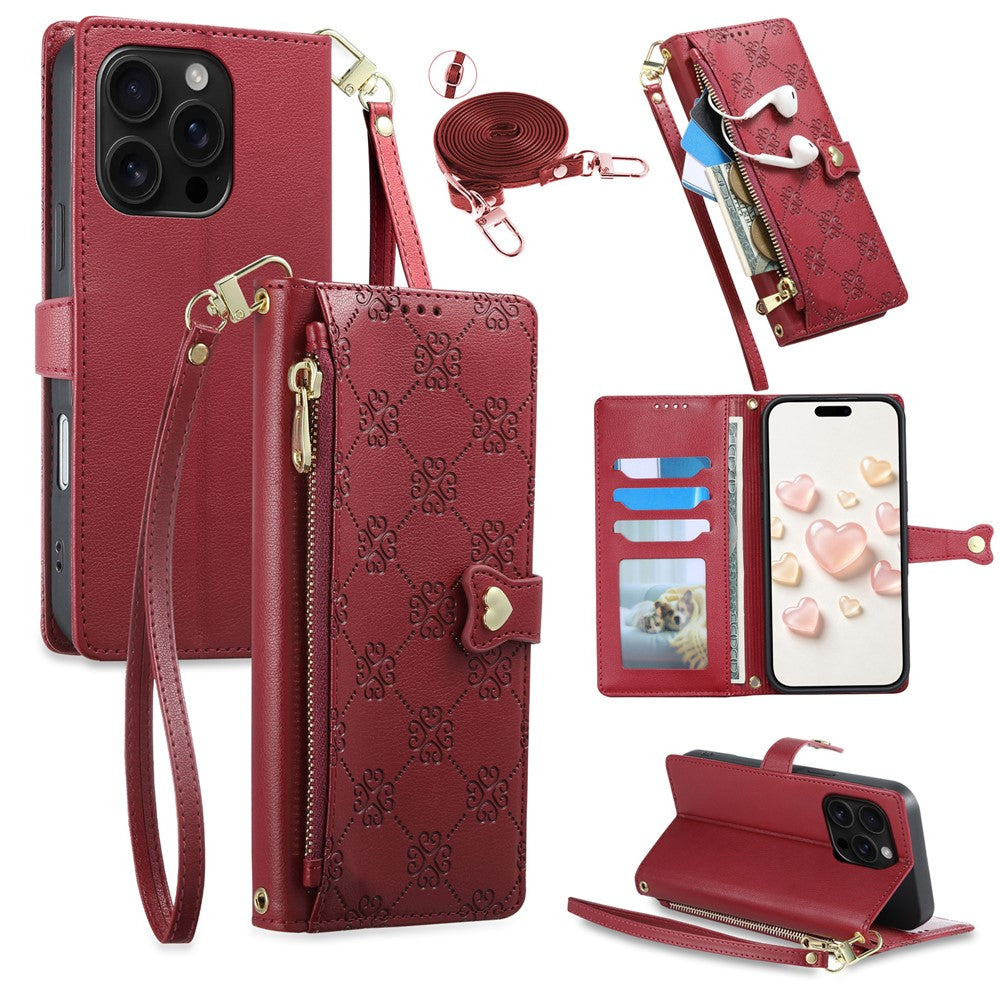 For iPhone 16 Pro Max Leather Case Hearts Imprint Zipper Pocket Wallet Phone Cover with Short and Long Straps