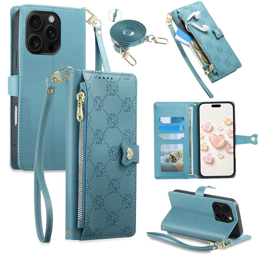 For iPhone 16 Pro Max Leather Case Hearts Imprint Zipper Pocket Wallet Phone Cover with Short and Long Straps