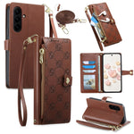 For Samsung Galaxy S26 FE Leather Case Hearts Imprint Zipper Pocket Wallet Phone Cover with Short and Long Straps