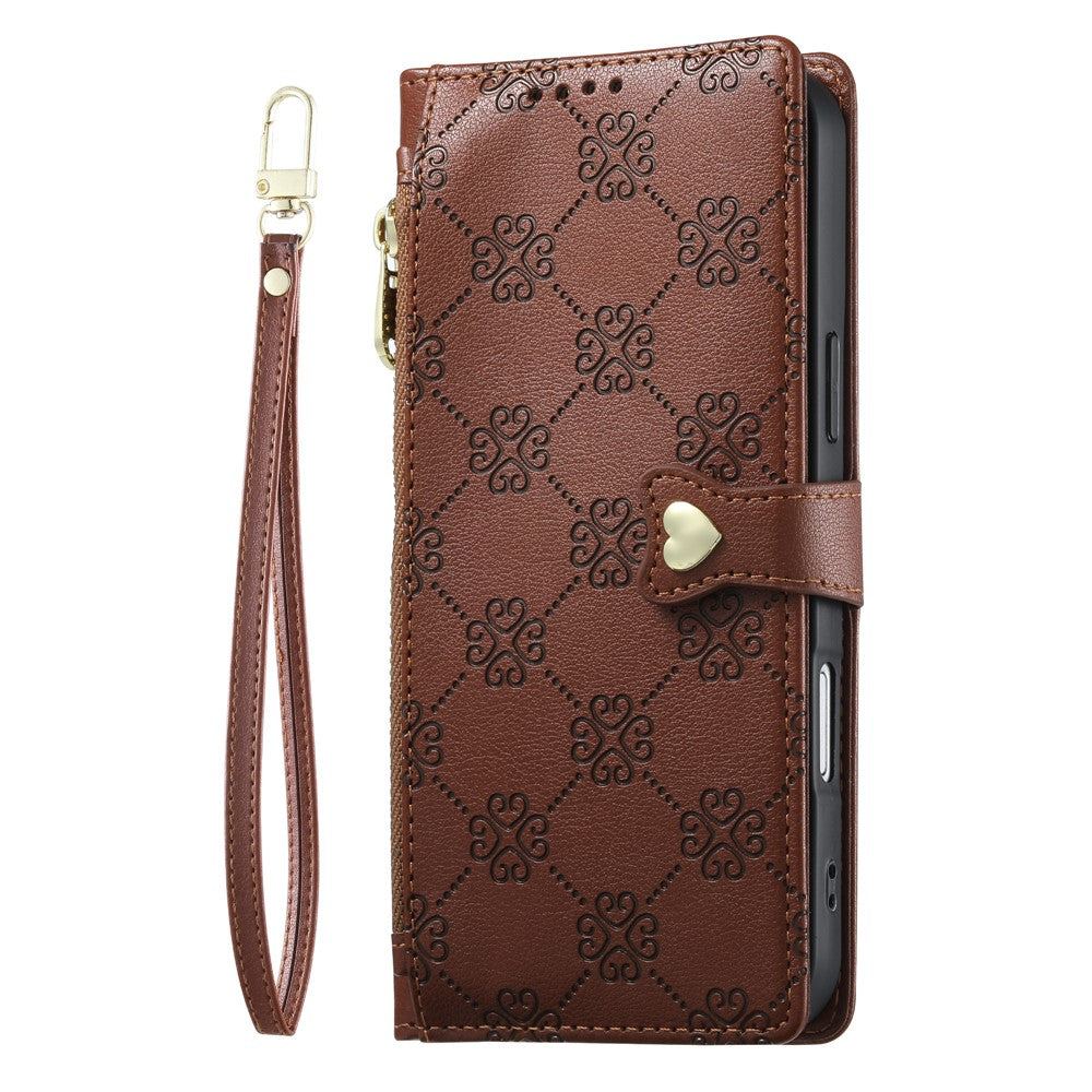 For Samsung Galaxy S26 FE Leather Case Hearts Imprint Zipper Pocket Wallet Phone Cover with Short and Long Straps