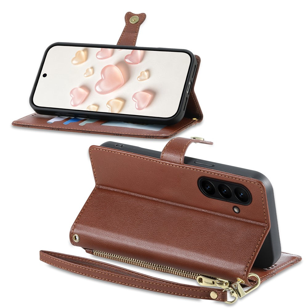 For Samsung Galaxy S26 FE Leather Case Hearts Imprint Zipper Pocket Wallet Phone Cover with Short and Long Straps