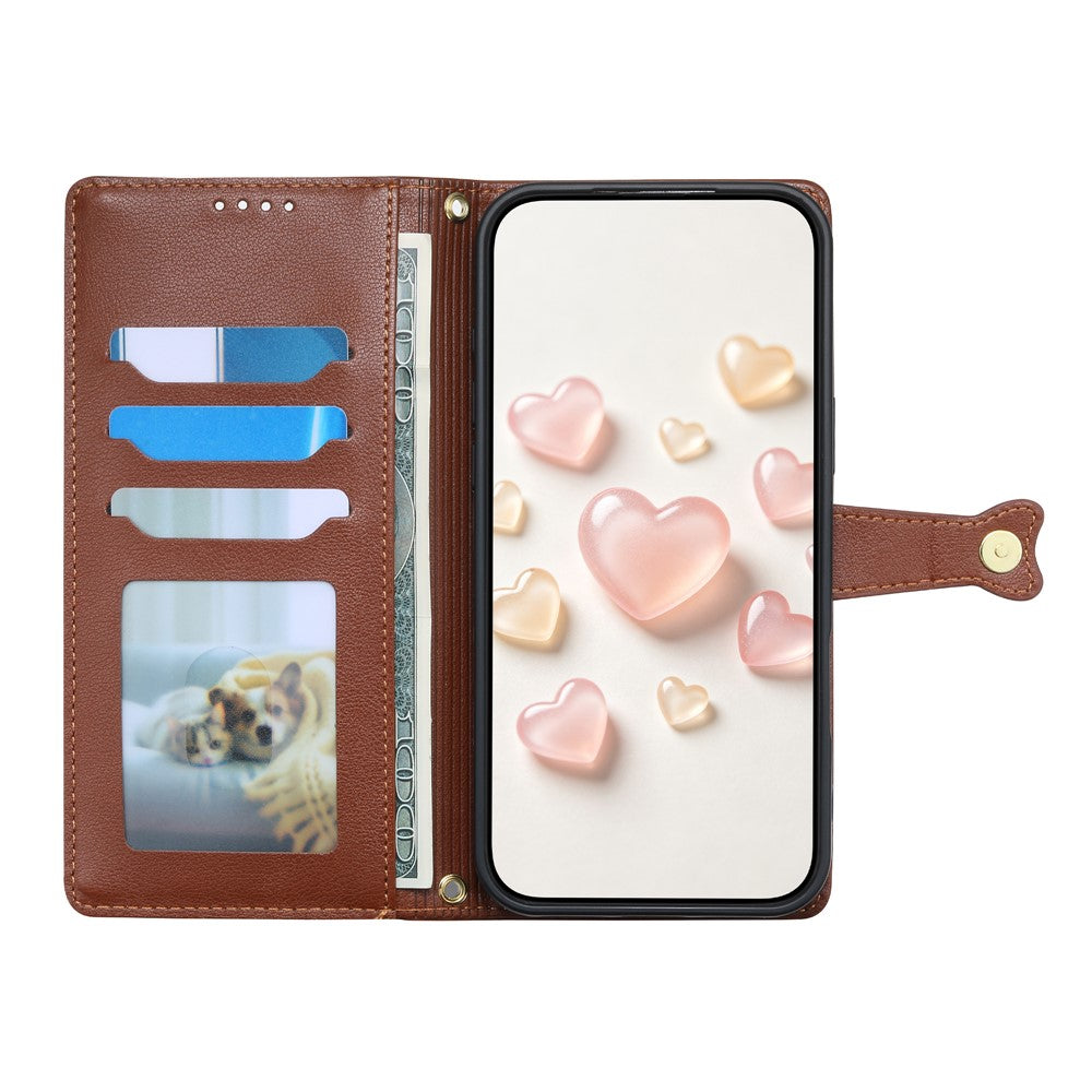 For Samsung Galaxy S26 FE Leather Case Hearts Imprint Zipper Pocket Wallet Phone Cover with Short and Long Straps
