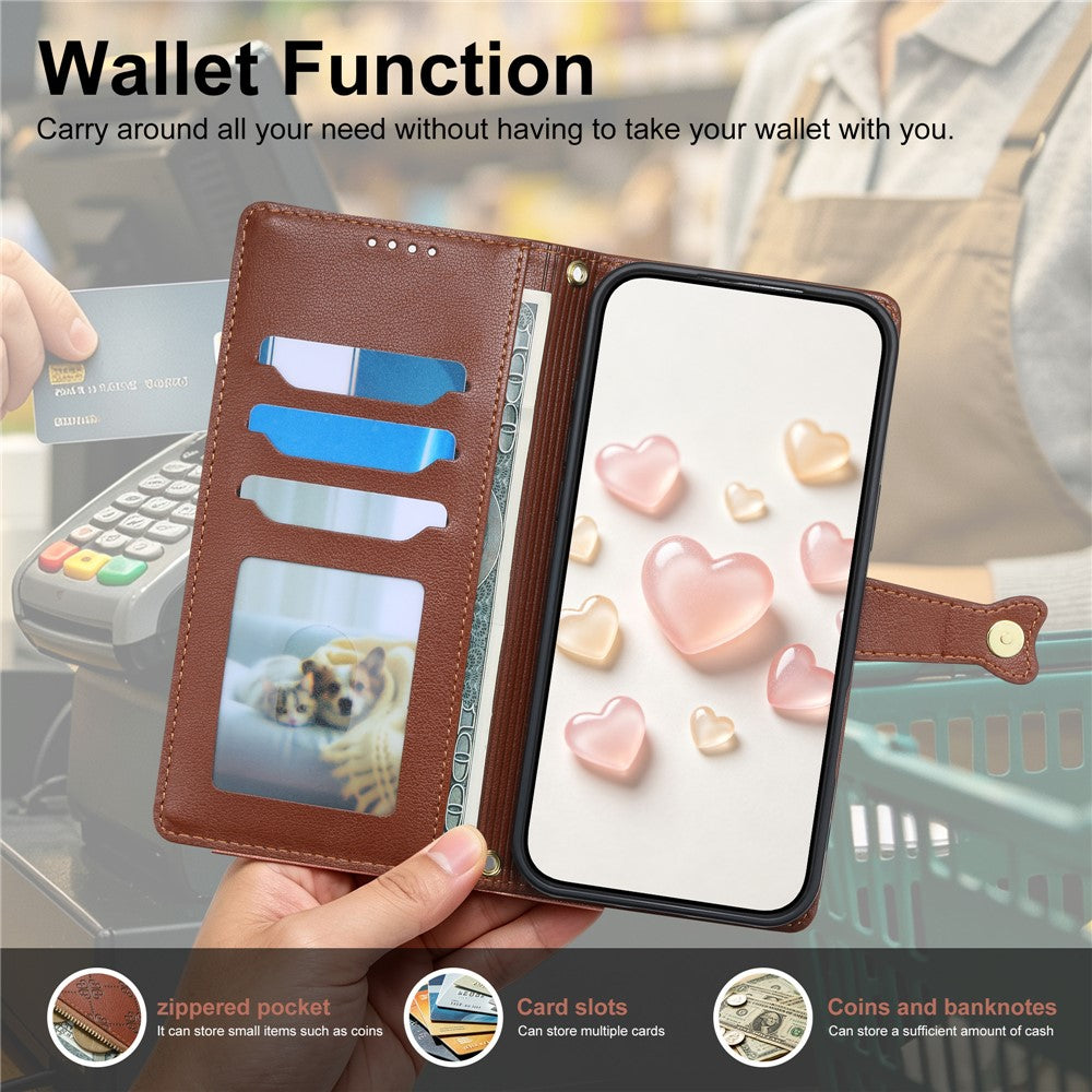 For Samsung Galaxy S26 FE Leather Case Hearts Imprint Zipper Pocket Wallet Phone Cover with Short and Long Straps