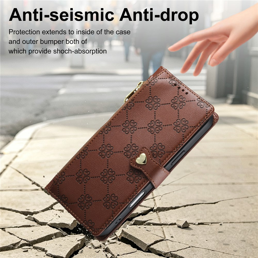 For Samsung Galaxy S26 FE Leather Case Hearts Imprint Zipper Pocket Wallet Phone Cover with Short and Long Straps