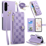 For Samsung Galaxy S26 FE Leather Case Hearts Imprint Zipper Pocket Wallet Phone Cover with Short and Long Straps