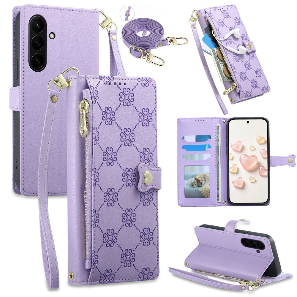 For Samsung Galaxy S26 FE Leather Case Hearts Imprint Zipper Pocket Wallet Phone Cover with Short and Long Straps