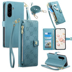 For Samsung Galaxy S26 FE Leather Case Hearts Imprint Zipper Pocket Wallet Phone Cover with Short and Long Straps