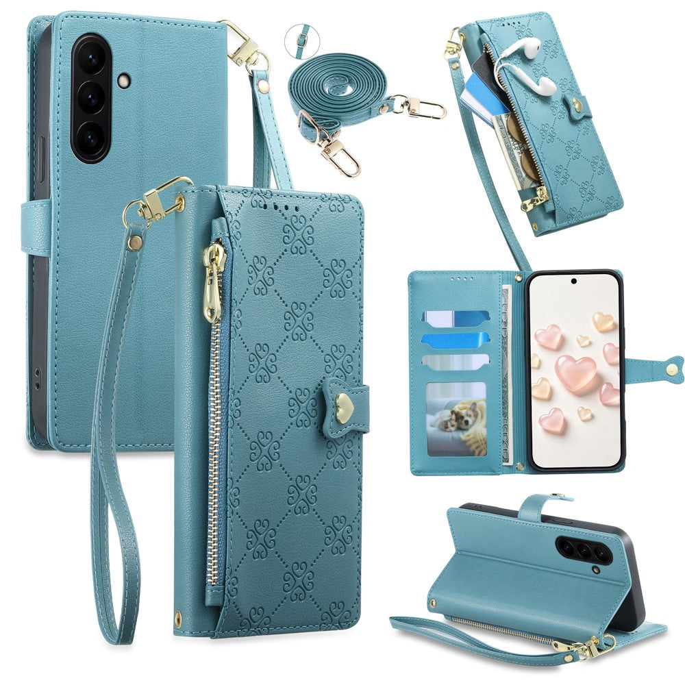 For Samsung Galaxy S26 FE Leather Case Hearts Imprint Zipper Pocket Wallet Phone Cover with Short and Long Straps