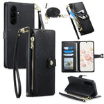 For Samsung Galaxy S26 FE Leather Case Hearts Imprint Zipper Pocket Wallet Phone Cover with Short and Long Straps