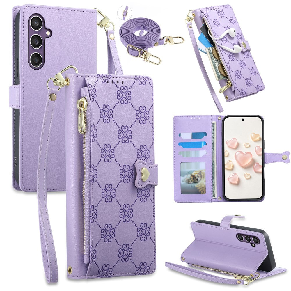 For Samsung Galaxy S24 / Galaxy S25 Leather Case Hearts Imprint Zipper Pocket Wallet Phone Cover with Short and Long Straps
