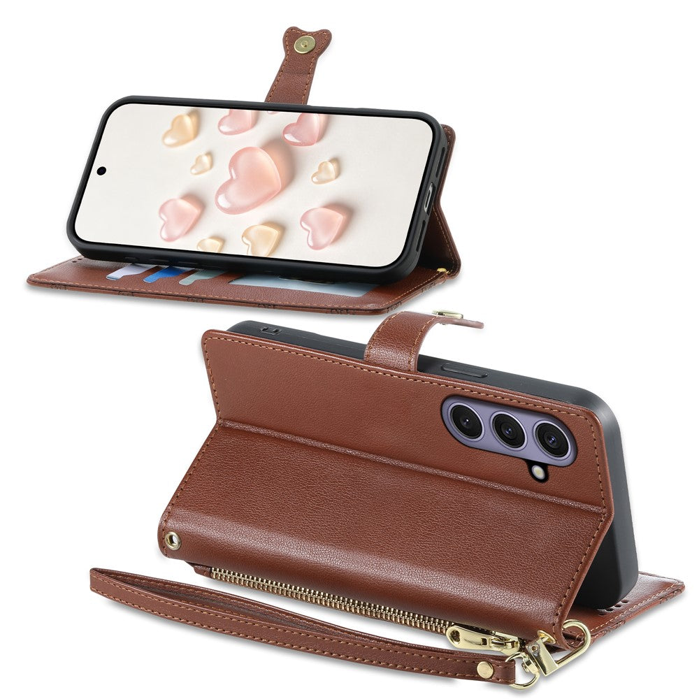 Til Samsung Galaxy S25+ / Galaxy S24+ Læderetui Hjertepræg Lynlåslomme Pung Telefoncover med korte og lange stropper