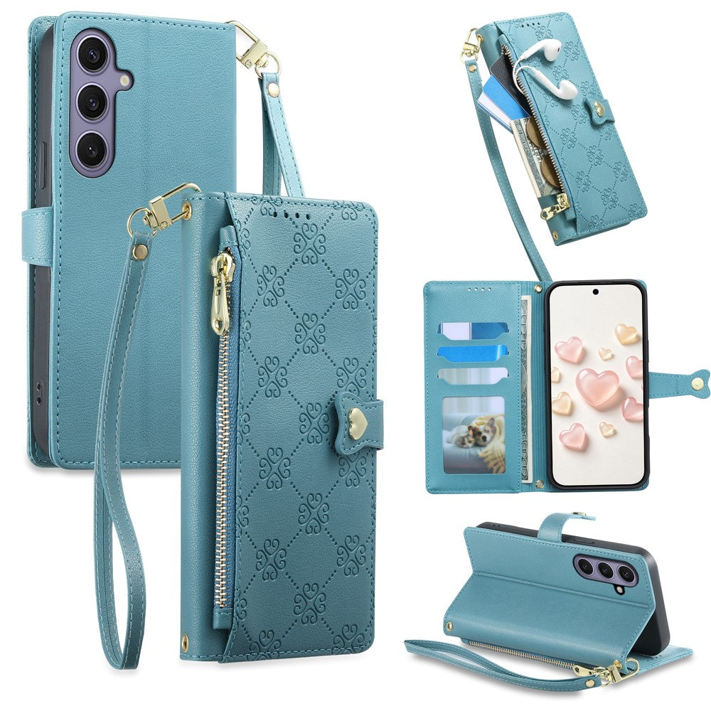 Til Samsung Galaxy S25+ / Galaxy S24+ Læderetui Hjertepræg Lynlåslomme Pung Telefoncover med korte og lange stropper
