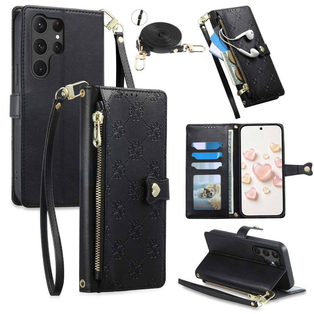 For Samsung Galaxy S25 Ultra Leather Case Hearts Imprint Zipper Pocket Wallet Phone Cover with Short and Long Straps