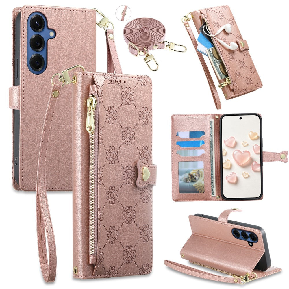 For Samsung Galaxy S26+ Leather Case Hearts Imprint Zipper Pocket Wallet Phone Cover with Short and Long Straps