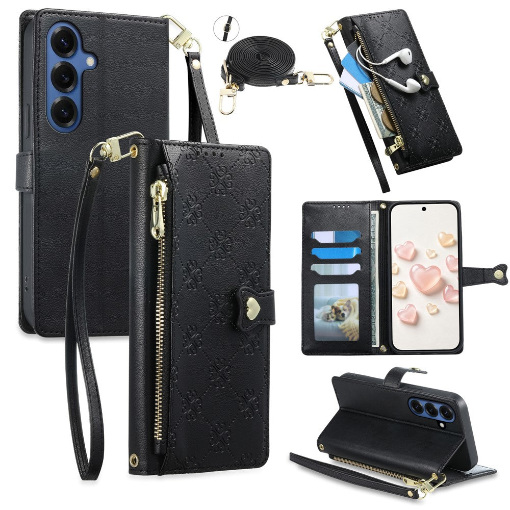 For Samsung Galaxy S26+ Leather Case Hearts Imprint Zipper Pocket Wallet Phone Cover with Short and Long Straps