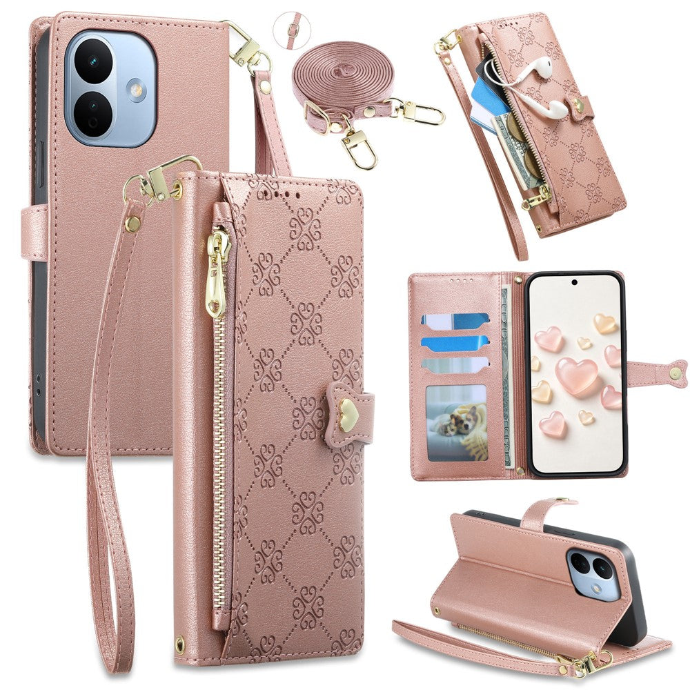 For Xiaomi Redmi Note 17 Pro Max 5G / Note 17 Pro+ 5G Leather Case Hearts Imprint Zipper Pocket Wallet Phone Cover with Short and Long Straps