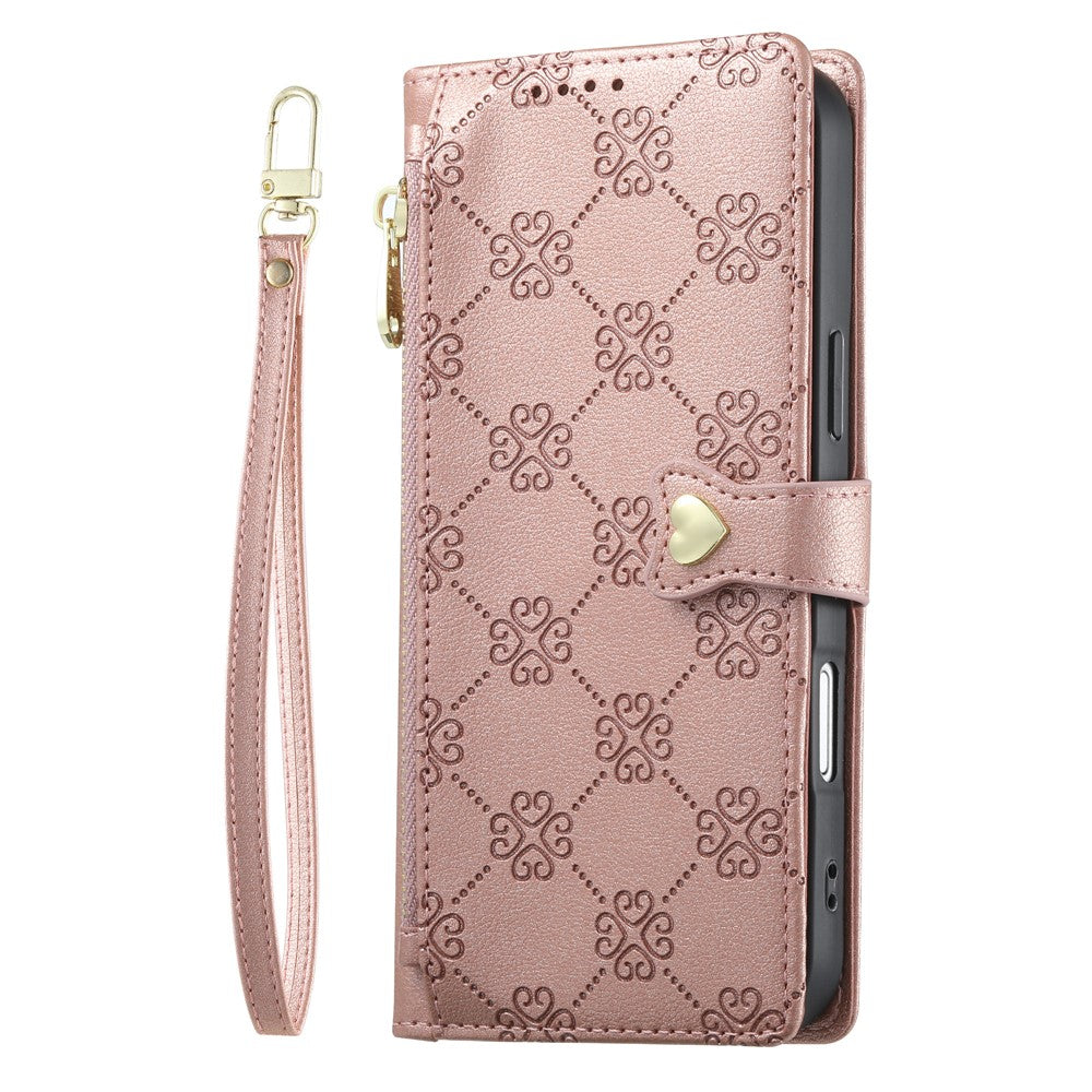 For Xiaomi Redmi Note 17 Pro Max 5G / Note 17 Pro+ 5G Leather Case Hearts Imprint Zipper Pocket Wallet Phone Cover with Short and Long Straps