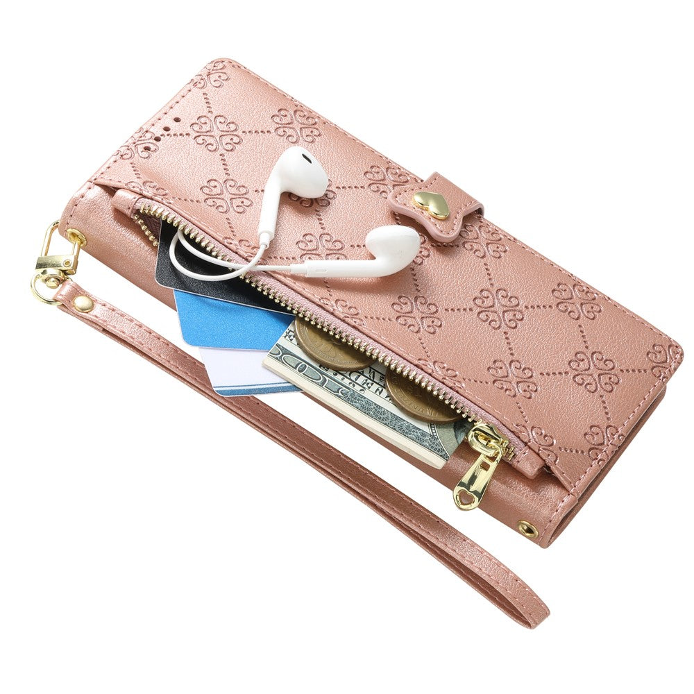 For Xiaomi Redmi Note 17 Pro Max 5G / Note 17 Pro+ 5G Leather Case Hearts Imprint Zipper Pocket Wallet Phone Cover with Short and Long Straps