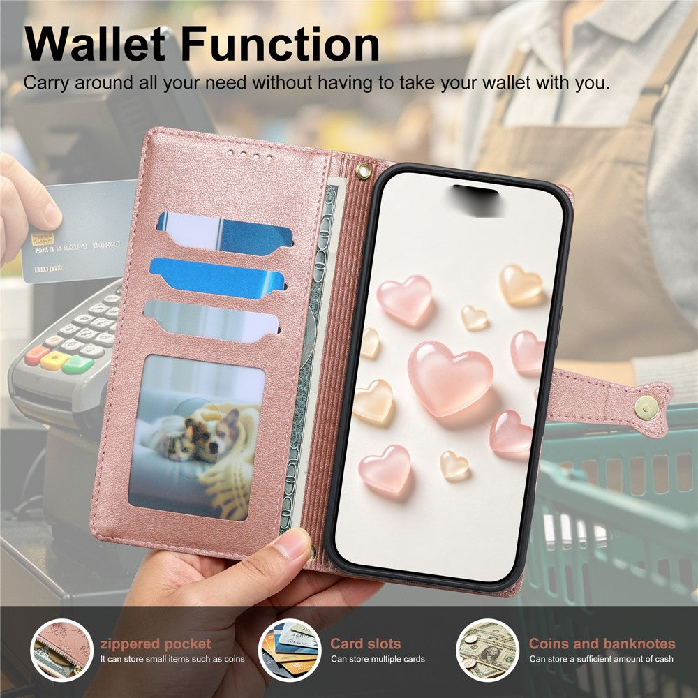 For Xiaomi Redmi Note 17 Pro Max 5G / Note 17 Pro+ 5G Leather Case Hearts Imprint Zipper Pocket Wallet Phone Cover with Short and Long Straps
