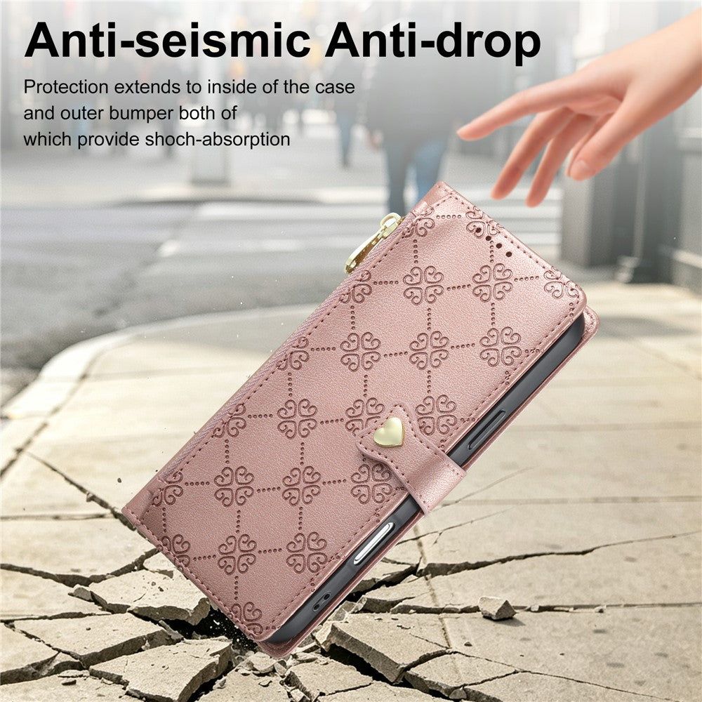 For Xiaomi Redmi Note 17 Pro Max 5G / Note 17 Pro+ 5G Leather Case Hearts Imprint Zipper Pocket Wallet Phone Cover with Short and Long Straps