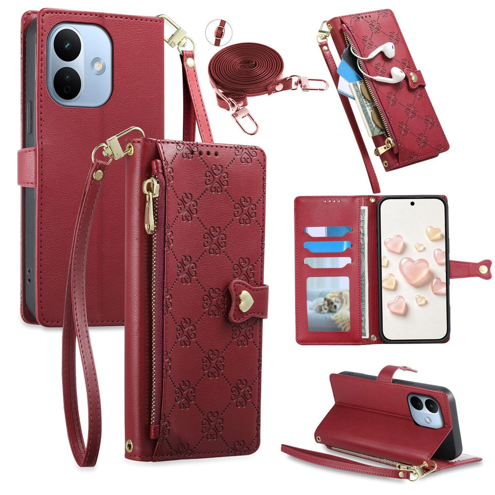 For Xiaomi Redmi Note 17 Pro Max 5G / Note 17 Pro+ 5G Leather Case Hearts Imprint Zipper Pocket Wallet Phone Cover with Short and Long Straps