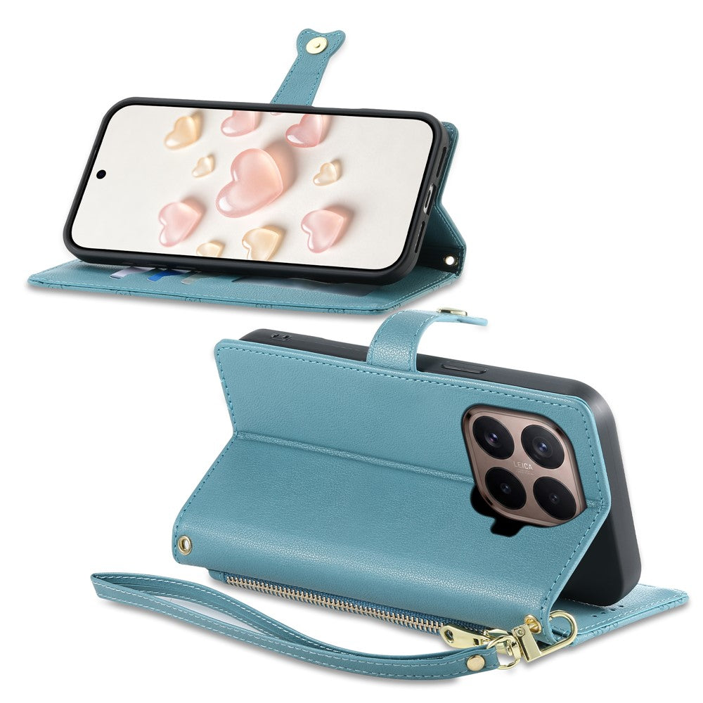 For Xiaomi 17T Leather Case Hearts Imprint Zipper Pocket Wallet Phone Cover with Short and Long Straps