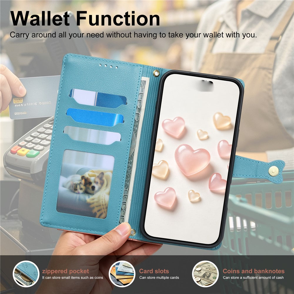 For Xiaomi 17T Leather Case Hearts Imprint Zipper Pocket Wallet Phone Cover with Short and Long Straps