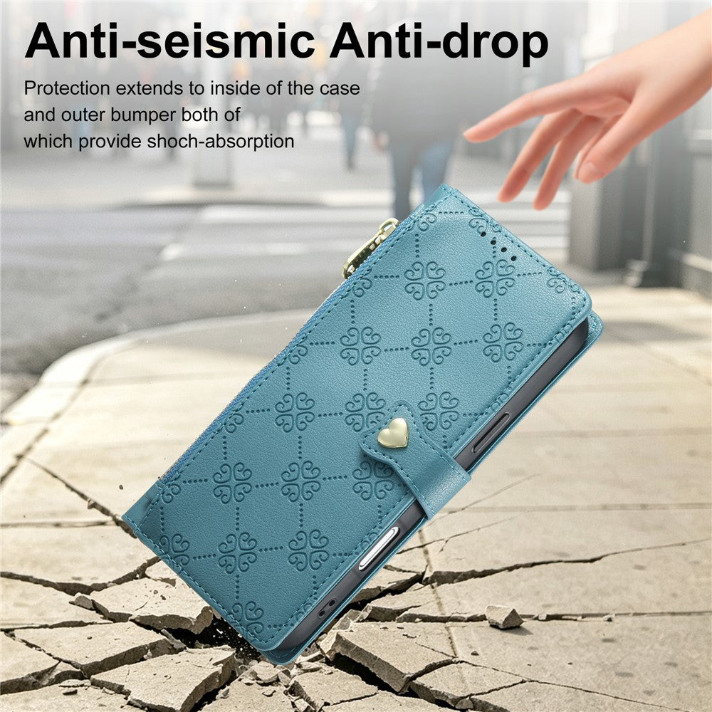 For Xiaomi 17T Leather Case Hearts Imprint Zipper Pocket Wallet Phone Cover with Short and Long Straps