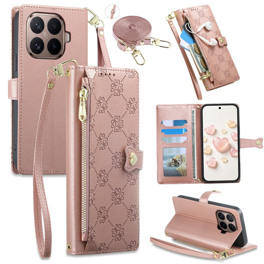 For Xiaomi 17T Leather Case Hearts Imprint Zipper Pocket Wallet Phone Cover with Short and Long Straps