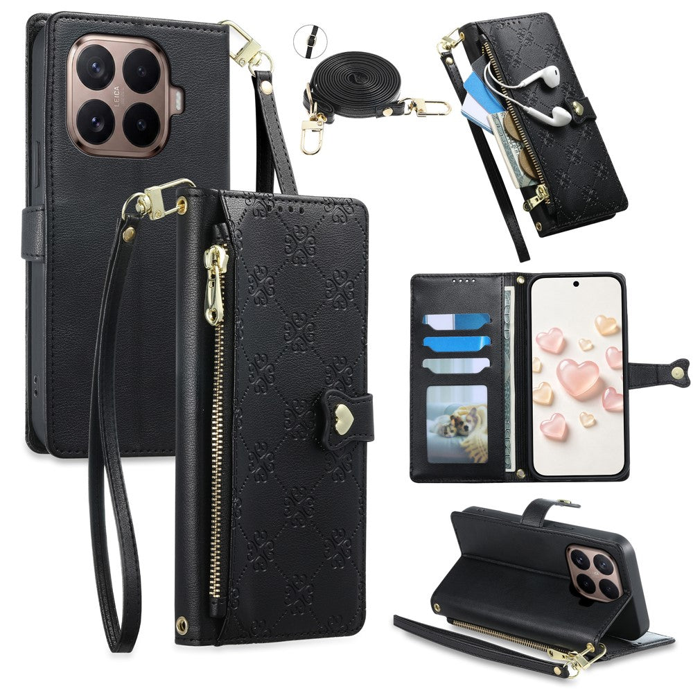 For Xiaomi 17T Leather Case Hearts Imprint Zipper Pocket Wallet Phone Cover with Short and Long Straps
