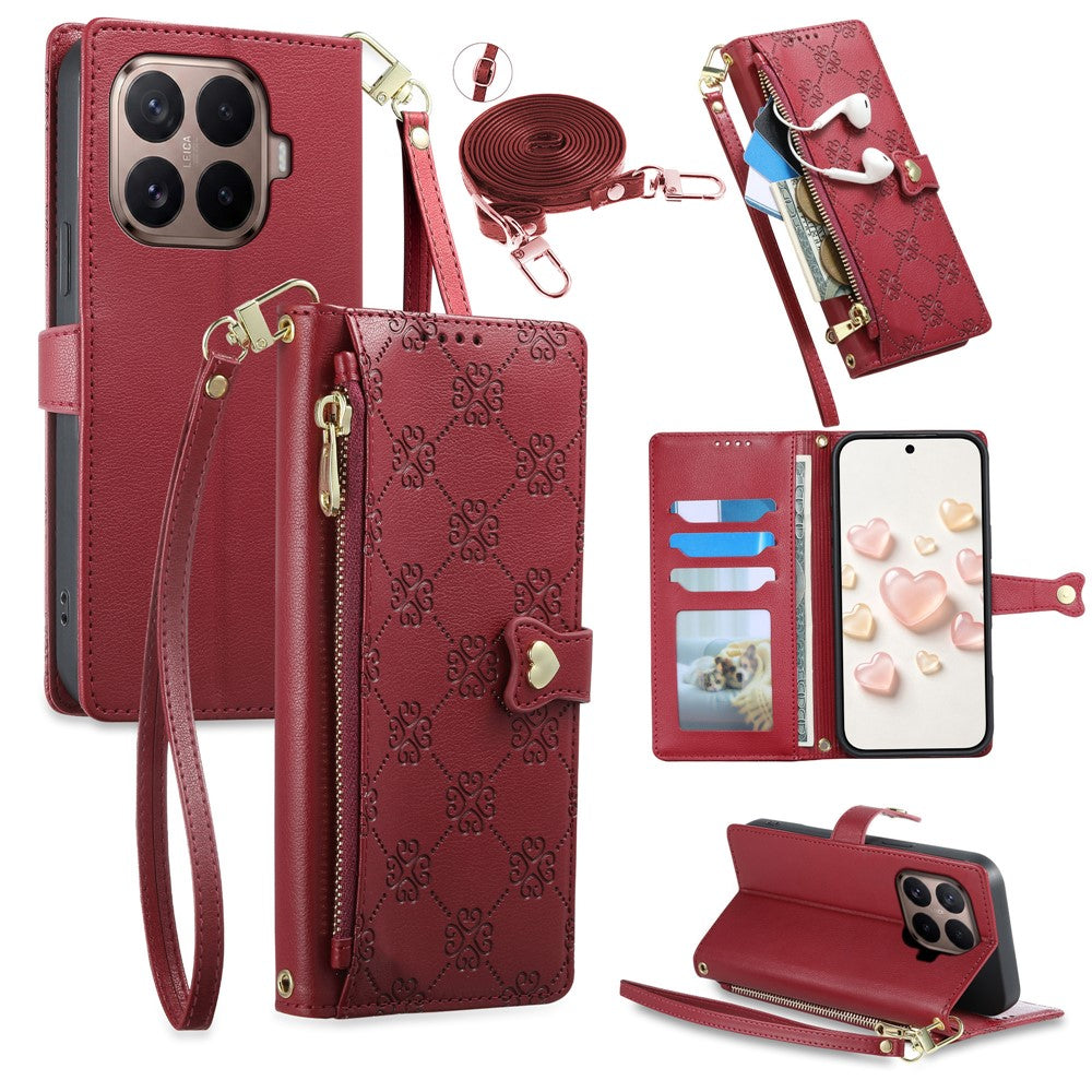 For Xiaomi 17T Leather Case Hearts Imprint Zipper Pocket Wallet Phone Cover with Short and Long Straps