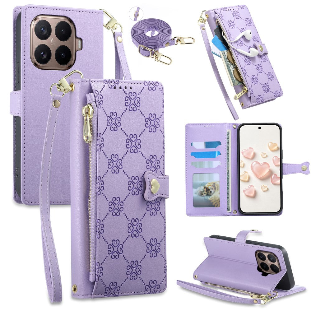 For Xiaomi 17T Leather Case Hearts Imprint Zipper Pocket Wallet Phone Cover with Short and Long Straps