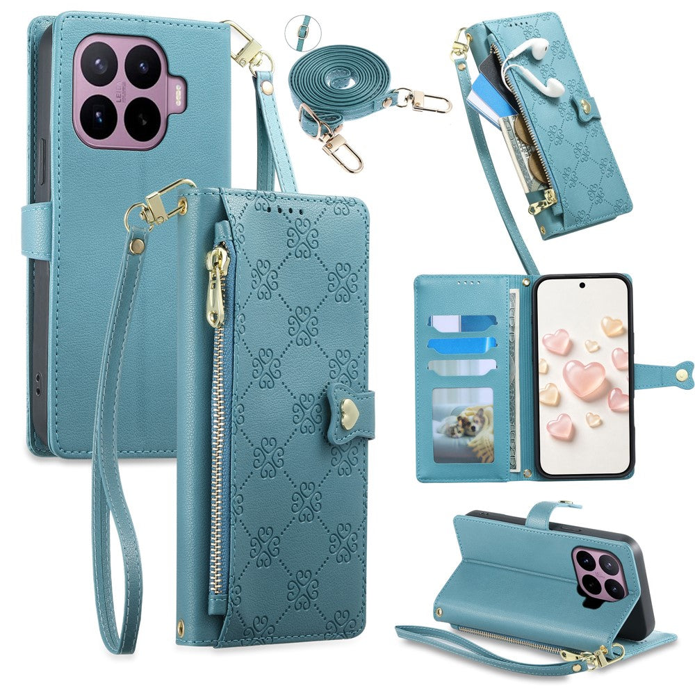 For Xiaomi 17T Pro Leather Case Hearts Imprint Zipper Pocket Wallet Phone Cover with Short and Long Straps