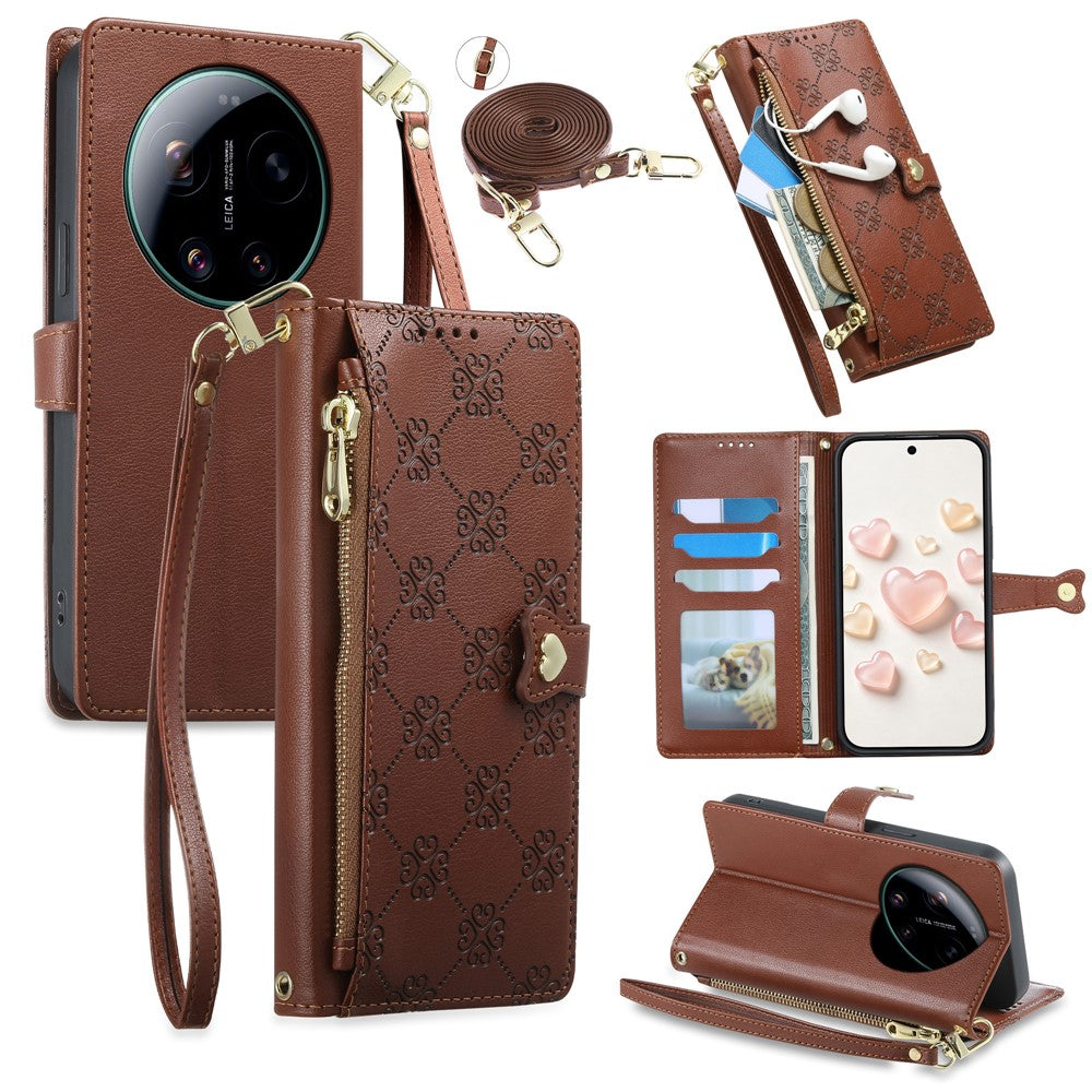 For Xiaomi 17 Ultra 5G Leather Case Hearts Imprint Zipper Pocket Wallet Phone Cover with Short and Long Straps