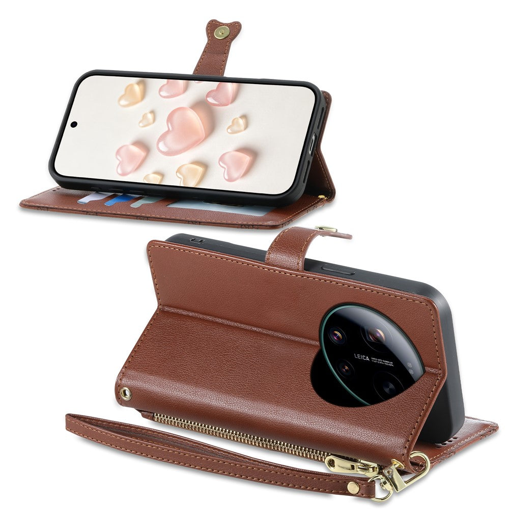 For Xiaomi 17 Ultra 5G Leather Case Hearts Imprint Zipper Pocket Wallet Phone Cover with Short and Long Straps