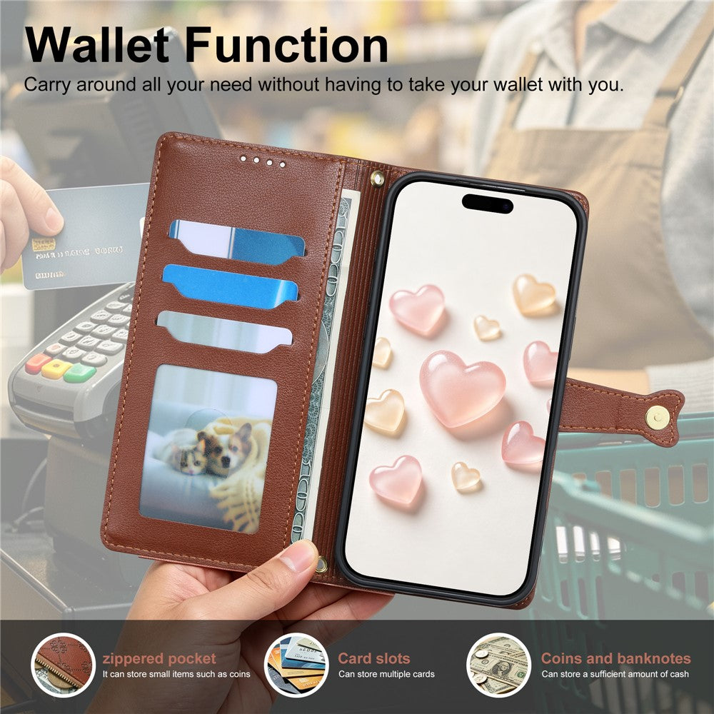 For Xiaomi 17 Ultra 5G Leather Case Hearts Imprint Zipper Pocket Wallet Phone Cover with Short and Long Straps