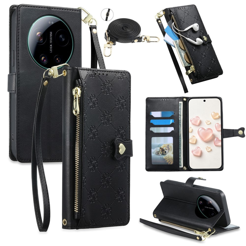 For Xiaomi 17 Ultra 5G Leather Case Hearts Imprint Zipper Pocket Wallet Phone Cover with Short and Long Straps