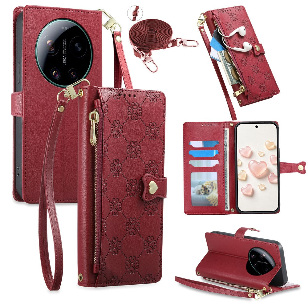 For Xiaomi 17 Ultra 5G Leather Case Hearts Imprint Zipper Pocket Wallet Phone Cover with Short and Long Straps