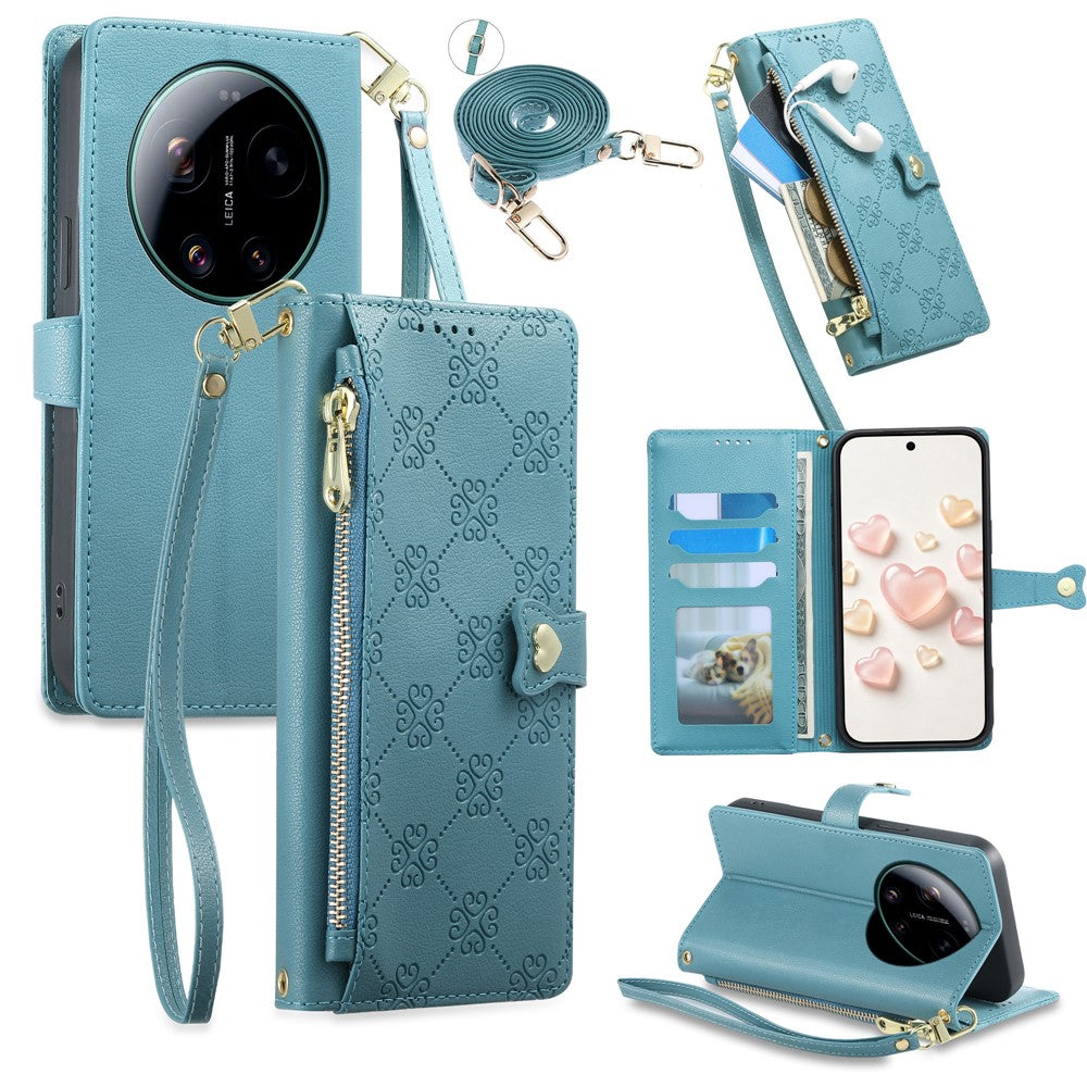 For Xiaomi 17 Ultra 5G Leather Case Hearts Imprint Zipper Pocket Wallet Phone Cover with Short and Long Straps