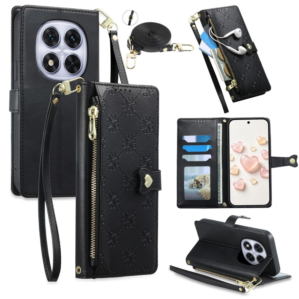 For Xiaomi Redmi Note 14 Pro 5G  /  Poco X7 5G Leather Case Hearts Imprint Zipper Pocket Wallet Phone Cover with Short and Long Straps