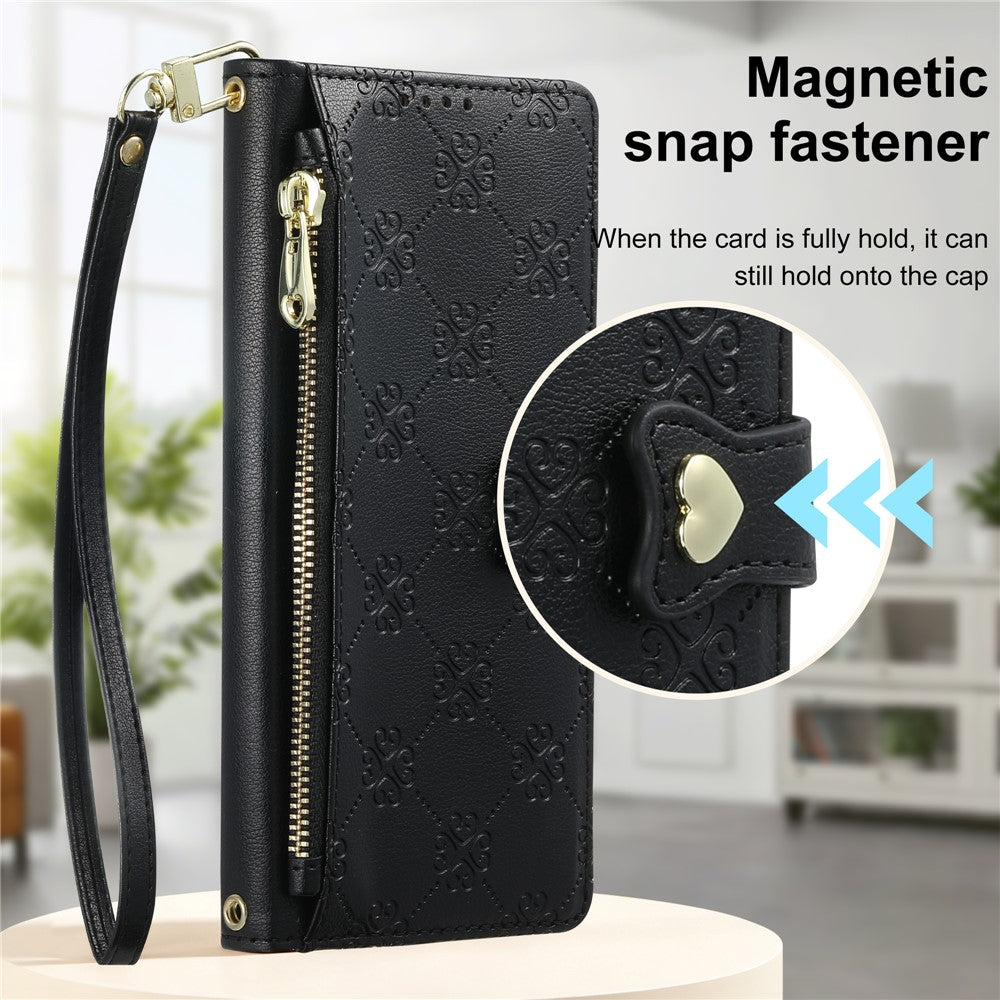 For Xiaomi Redmi Note 14 Pro 5G  /  Poco X7 5G Leather Case Hearts Imprint Zipper Pocket Wallet Phone Cover with Short and Long Straps