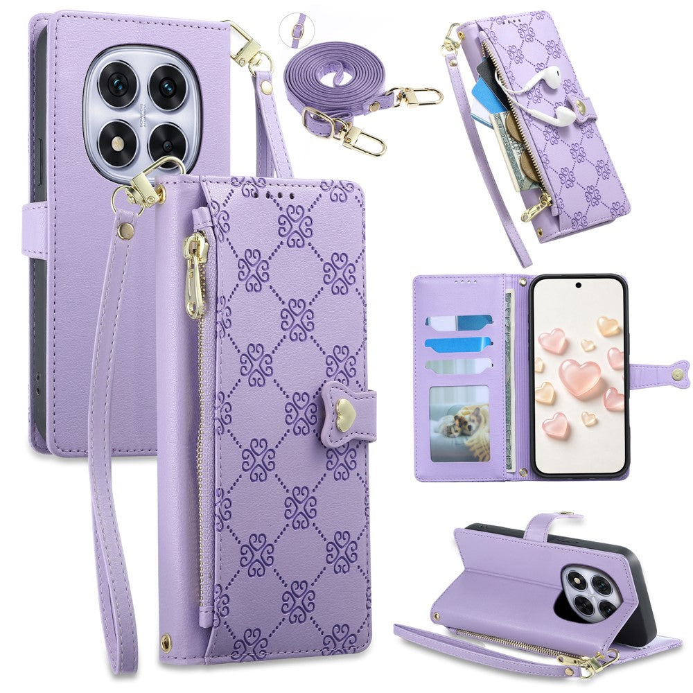 For Xiaomi Redmi Note 14 Pro 5G  /  Poco X7 5G Leather Case Hearts Imprint Zipper Pocket Wallet Phone Cover with Short and Long Straps