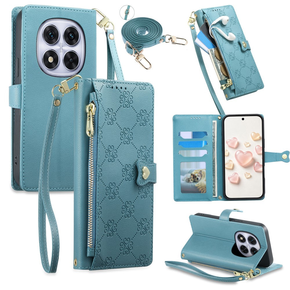 For Xiaomi Redmi Note 14 Pro 5G  /  Poco X7 5G Leather Case Hearts Imprint Zipper Pocket Wallet Phone Cover with Short and Long Straps